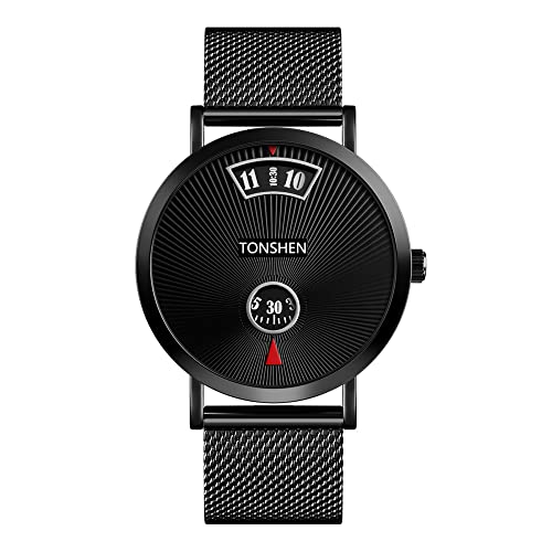 TONSHEN Fashion Herren Analog Quarz Edelstahl Uhren Einzigartiges Display Armbanduhr (Schwarz) von TONSHEN