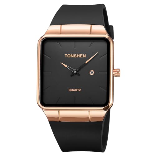 TONSHEN Herren/Damen Uhren Analog Quarz Quadrat Edelstahl Lünette und Kautschuk Band Einfach Kalender Armbanduhr (Rose Schwarz) von TONSHEN