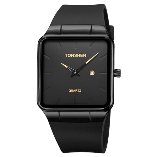 TONSHEN Herren/Damen Uhren Analog Quarz Quadrat Edelstahl Lünette und Kautschuk Band Einfach Kalender Armbanduhr (Schwarz) von TONSHEN