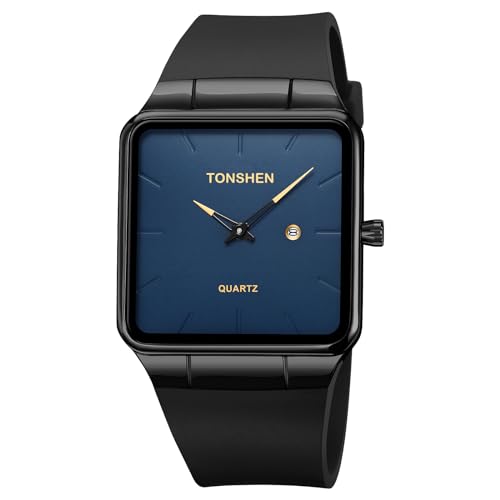 TONSHEN Herren/Damen Uhren Analog Quarz Quadrat Edelstahl Lünette und Kautschuk Band Einfach Kalender Armbanduhr (Schwarz Blau) von TONSHEN