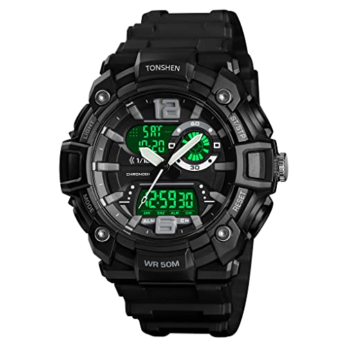 TONSHEN Herren 50M Wasserdicht Uhren Digitaluhr Sportuhr LED Analog Quarz DREI Zeit Outdoor Militär Armbanduhr Alarm Countdown (Schwarz) von TONSHEN