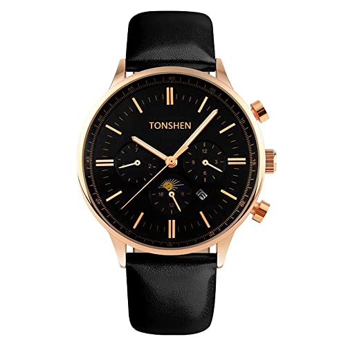 TONSHEN Herren Casual Analog Quarz Uhr Luxuriöse Gold Edelstahl Schwarz Leder Band Business Armbanduhr Kleine Zifferblatt Mondes Datum Kalender Uhren von TONSHEN