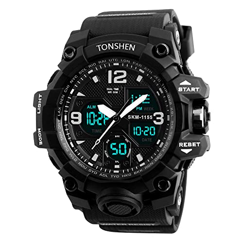 TONSHEN Herren Digital Sport Uhren 50M Wasserdicht Analog Quarz LED Elektronik Double Zeit Outdoor Militär Multifunktional Alarm Plastik Armbanduhr (Schwarz) von TONSHEN