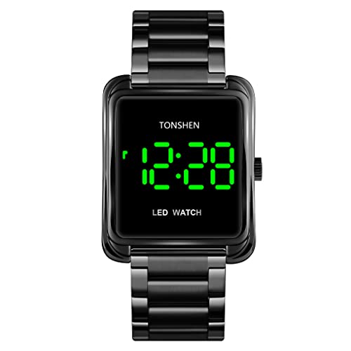 TONSHEN Herren Digital Uhren LED Elektronik Beleuchtung Edelstahl Armbanduhr (Schwarz) von TONSHEN