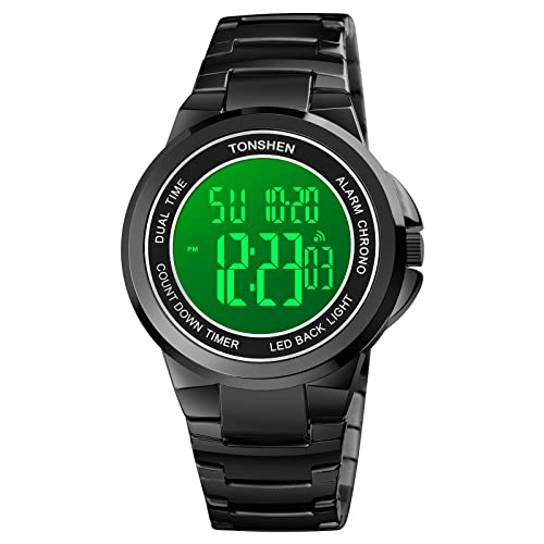 TONSHEN Herren Digital Uhren Luxus Fashion Edelstahl Uhr LED Elektronik Outdoor Multifunktional Alarm Stoppuhr Casual Sportuhr (Schwarz) von TONSHEN