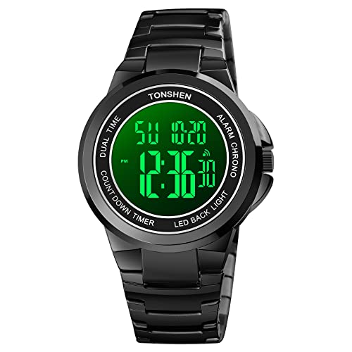 TONSHEN Herren Digital Uhren Luxus Fashion Edelstahl Uhr LED Elektronik Outdoor Multifunktional Alarm Stoppuhr Casual Sportuhr (Schwarz 2) von TONSHEN