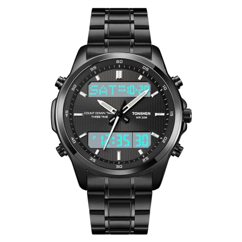 TONSHEN Herren Edelstahl Digital Uhren LED Elektronik Analog Quarz DREI Zeit Outdoor Militär Multifunktional Datum Countdown Alarm Sport Uhren (Schwarz) von TONSHEN