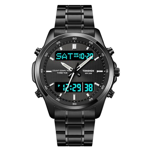 TONSHEN Herren Edelstahl Digital Uhren LED Elektronik Analog Quarz DREI Zeit Outdoor Militär Multifunktional Datum Countdown Alarm Sport Uhren (Schwarz 2) von TONSHEN