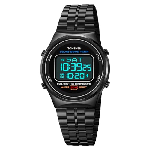 TONSHEN Herren Edelstahl Uhr Digital LED Elektronik Multifunktional Alarm Stoppuhr Sportuhr Uhren (Schwarz 2) von TONSHEN