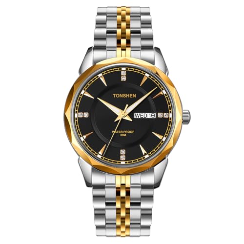TONSHEN Herren Edelstahl Uhren Analog Quarz Datum Woche Polygonaler Bezel Armbanduhr (Gold Schwarz) von TONSHEN