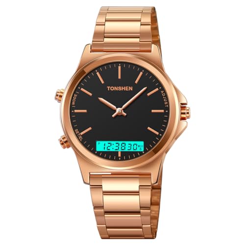 TONSHEN Herren Edelstahl Uhren LED Analog Quarz DREI Zeit Multifunktional Sportuhr Outdoor Militär Elektronik Digitaluhr Alarm Datum Stoppuhr Mehrere Farben Armbanduhr (Rose Schwarz) von TONSHEN