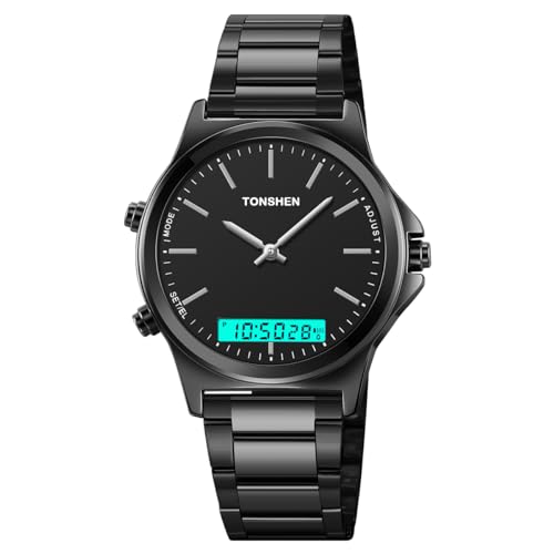 TONSHEN Herren Edelstahl Uhren LED Analog Quarz DREI Zeit Multifunktional Sportuhr Outdoor Militär Elektronik Digitaluhr Alarm Datum Stoppuhr Mehrere Farben Armbanduhr (Schwarz) von TONSHEN