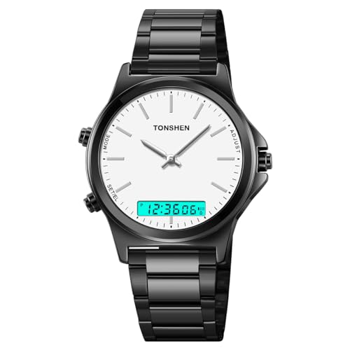 TONSHEN Herren Edelstahl Uhren LED Analog Quarz DREI Zeit Multifunktional Sportuhr Outdoor Militär Elektronik Digitaluhr Alarm Datum Stoppuhr Mehrere Farben Armbanduhr (Schwarz Weiß) von TONSHEN