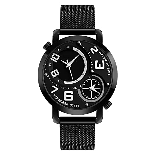 TONSHEN Herren Fashion Casual Edelstahl Uhren Analog Quarz Doppelte Zeit Armbanduhren (Schwarz) von TONSHEN