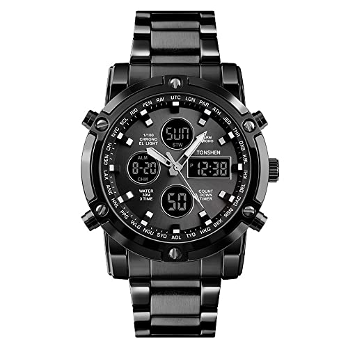 TONSHEN Herren Fashion Digital Uhren LED Elektronik Analog Quarz DREI Zeit Outdoor Militär Multifunktional Datum Countdown Alarm Casual Sport Uhren (Schwarz) von TONSHEN