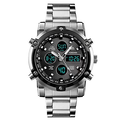 TONSHEN Herren Fashion Digital Uhren LED Elektronik Analog Quarz DREI Zeit Outdoor Militär Multifunktional Datum Countdown Alarm Casual Sport Uhren (Silber Schwarz) von TONSHEN