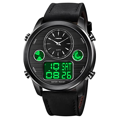 TONSHEN Herren Fashion Edelstahl Digital Uhren LED Elektronik Alarm Analog Quarz DREI Zeit Digitaluhr Outdoor Sportuhr Leder Band Armbanduhr (Schwarz) von TONSHEN