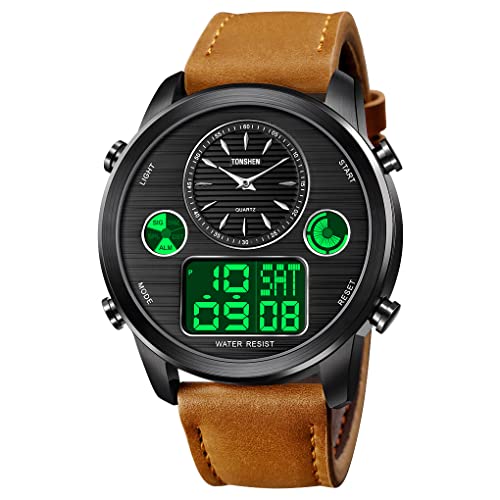 TONSHEN Herren Fashion Edelstahl Digital Uhren LED Elektronik Alarm Analog Quarz DREI Zeit Digitaluhr Outdoor Sportuhr Leder Band Armbanduhr (Schwarz Braun) von TONSHEN