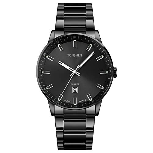 TONSHEN Herren Fashion Edelstahl Uhren Einfaches Stil Casual Analog Quarz Datum Armbanduhr (Schwarz) von TONSHEN