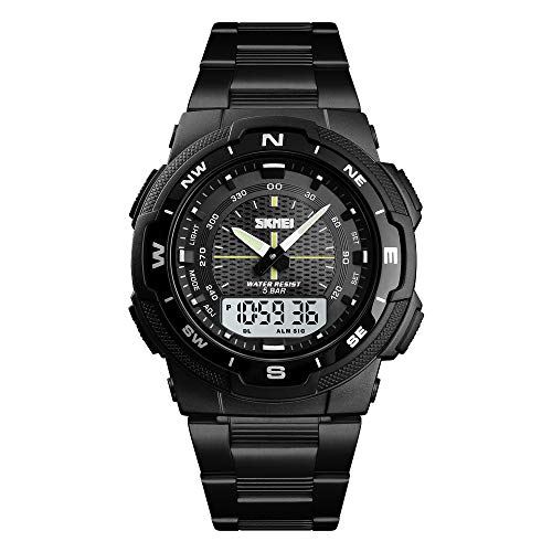 TONSHEN Herren Fashion Uhren Outdoor Militär Sportuhr LED Elektronik Digitaluhr Analog Quarz Double Zeit Armbanduhr 50M Wasserdicht Plastik Lünetten mit Edelstahl Band (Schwarz) von TONSHEN