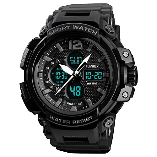 TONSHEN Herren Großes Digital Uhren Analog Quarz LED Elektronik DREI Zeit 50M Wasserdicht Outdoor Militär Sportuhr Alarm Datum Stoppuhr Plastik Armbanduhr (Schwarz) von TONSHEN