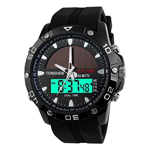 TONSHEN Herren LED Digitaluhr Sportuhr 50M Wasserdicht Solar Uhr Edelstahl mit Silikon Band Analogue Quarzuhr Militäri Tactical Armbanduhr für Männer von TONSHEN