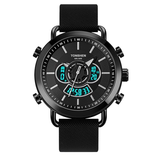 TONSHEN Herren LED Elektronik Uhren Alarm Analog Quarz Doppelte Zeit Digitaluhr Outdoor Sportuhr Edelstahl Lünette mit Leder Band Armbanduhr (Schwarz 2) von TONSHEN