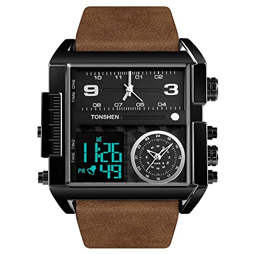 TONSHEN Herren Luxus Fashion Uhren LED Elektronik Alarm Analog Quarz DREI Zeit Digitaluhr Outdoor Sportuhr Groß Edelstahl Lünette mit Leder Band Armbanduhr (Schwarz 3) von TONSHEN