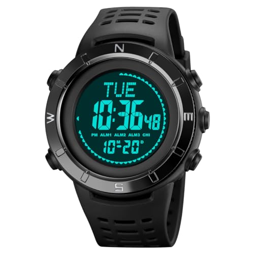 TONSHEN Herren Outdoor Elektron Kompass Countdown Digital Uhren 50M Wasserdicht LED Double Zeit Militär Sportuhr Plastik Lünette mit Silikon Band Armbanduhr (Schwarz) von TONSHEN