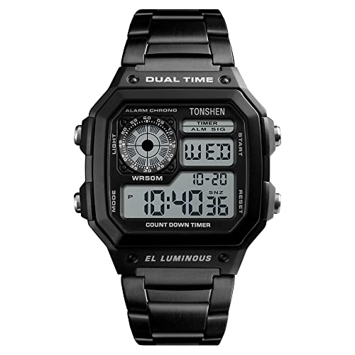 TONSHEN Herren Outdoor Fashion Sport Uhren 50M Wasserdicht Plastik Uhren und Edelstahl Band Militär LED Elektronik Digital Armbanduhr Doppelte Zeit (Schwarz) von TONSHEN