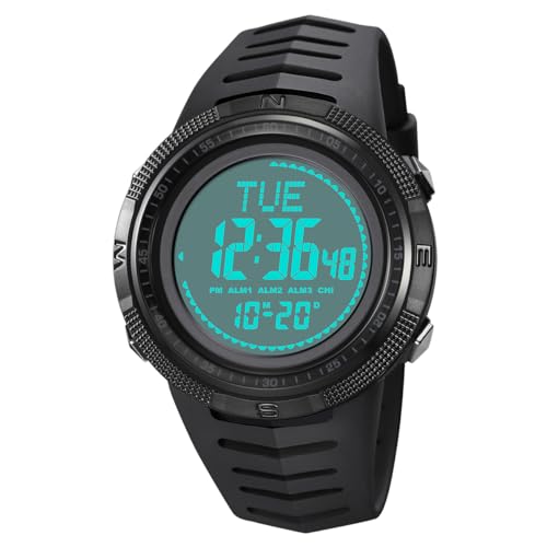 TONSHEN Herren Outdoor Militär Elektron Kompass Digital Uhren Wasserdicht LED Double Zeit Sportuhr Plastik Lünette Armbanduhr (Schwarz) von TONSHEN