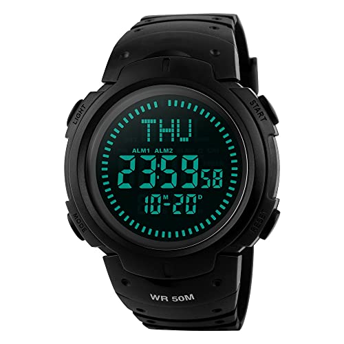 TONSHEN Herren Outdoor Militär Sport Uhren für Männer 50M Wasserdicht LED Digital Kompass Uhr 3 Alarm Plastik mit Silikon Band Armbanduhr (Schwarz) von TONSHEN