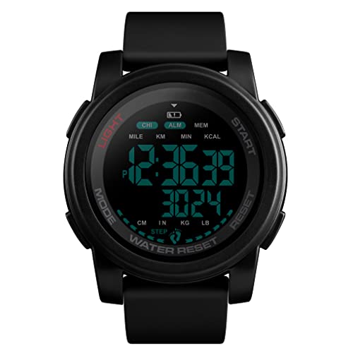 TONSHEN Herren Outdoor Sport Uhren 50M Wasserdicht LED Elektronik Multifunktional Schrittzähler Kalorien Double Zeit Alarm Militär Digitaluhr (Schwarz) von TONSHEN