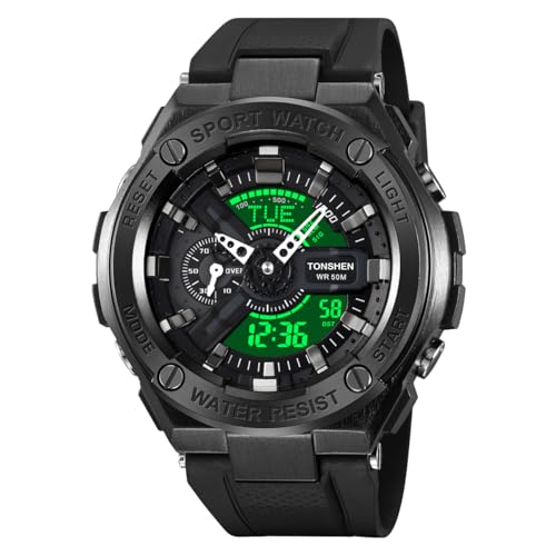 TONSHEN Herren Sport Digital Outdoor Militär Wasserdicht Uhren LED Analog Quarz DREI Zeit Alarm Countdown Armbanduhr (Schwarz) von TONSHEN