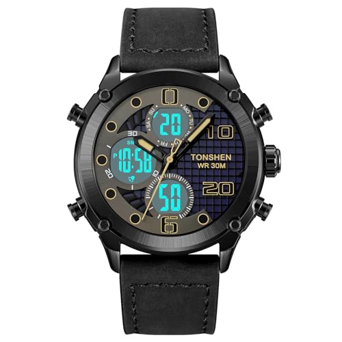 TONSHEN Herren Sport Digital Uhren Elektronik Alarm Analog Quarz DREI Zeit Digitaluhr Outdoor Sportuhr Groß Edelstahl Lünette mit Leder Band Armbanduhr (Schwarz) von TONSHEN