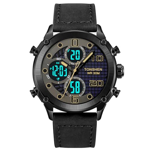 TONSHEN Herren Sport Digital Uhren Elektronik Alarm Analog Quarz DREI Zeit Digitaluhr Outdoor Sportuhr Groß Edelstahl Lünette mit Leder Band Armbanduhr (Schwarz 2) von TONSHEN