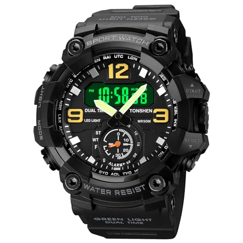 TONSHEN Herren Sport Uhr Outdoor Militär Wasserdicht Uhren LED Analog Quarz DREI Zeit Digitaluhr Alarm Countdown Armbanduhr (Schwarz) von TONSHEN