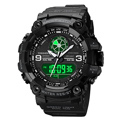 TONSHEN Herren Uhren Sportuhr Digitaluhr LED Elektronik Analog Quarz Double Zeit Outdoor Militär Uhr Multifunktional 50M Wasserdicht (Schwarz) von TONSHEN