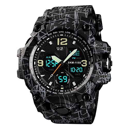 TONSHEN Herren Wasserdicht Digital Sport Uhren Multifunktional LED Elektronik Analog Quarz Double Zeit Outdoor Militär Stoppuhr Alarm Armbanduhren (Grau-Schwarz) von TONSHEN