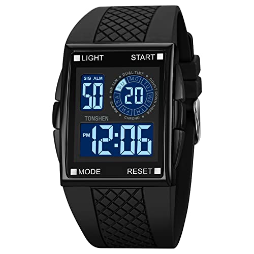 TONSHEN Herren und Damen Uhren LED Elektronik Digitaluhr Outdoor Sportuhr Doppelte Zeit Countdown Alarm Stoppuhr Plastik Uhren mit Kautschuk Band (Schwarz 2) von TONSHEN