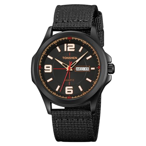 TONSHEN Herrenuhr Analog Edelstahl Uhren Lünette mit Nylon Band Stoppuhr Sportuhr Kalender Leuchtzeiger Armbanduhr (Schwarz) von TONSHEN