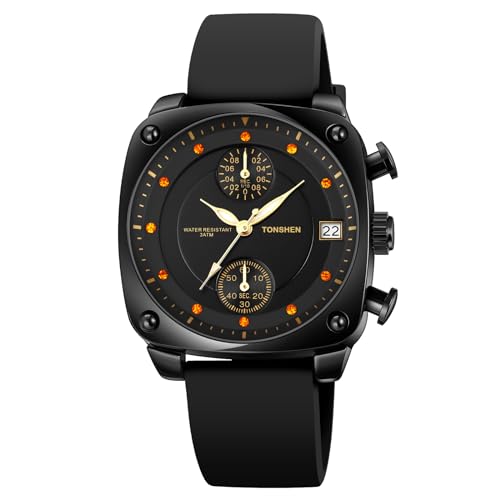 TONSHEN Herrenuhr Analog Quarz Uhren Fashion Casual Edelstahl Lünette mit Kautschuk Band Stoppuhr Datum Outdoor Sportuhr (Schwarz) von TONSHEN