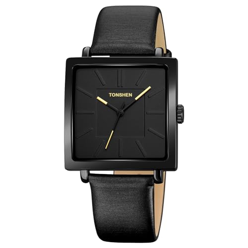 TONSHEN Herrenuhr Damenuhr Analog Quarz Edelstahl Lünette und Kautschuk Band Einfach Quadrat Armbanduhr (Schwarz) von TONSHEN