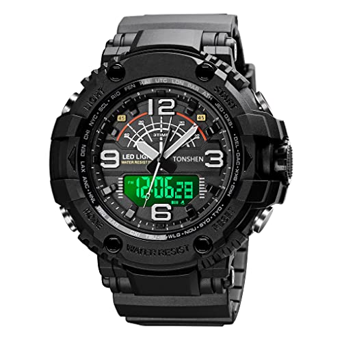 TONSHEN Herrenuhr Digital Sport Uhren Analog Quarz LED Elektronik DREI Zeit Wasserdicht Outdoor Militär Sportuhr Alarm Datum Stoppuhr Plastik Armbanduhr (Schwarz) von TONSHEN