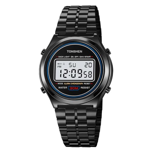 TONSHEN Herrenuhr Digital Sport Uhren Edelstahl LED Elektronik Outdoor Multifunktional Alarm Stoppuhr (Schwarz) von TONSHEN