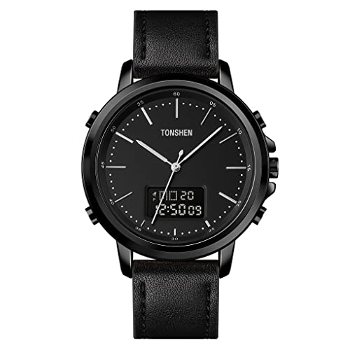 TONSHEN Herrenuhr Digitaluhr Fashion Analog Quarz Uhren Sportuhr LED Elektronik Double Zeit Alarm Datum Casual Multifunktion Armbanduhr Edelstahl Lünette mit Leder Band (Schwarz 2) von TONSHEN