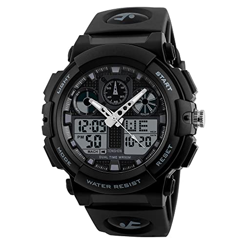 TONSHEN Herrenuhr Digitaluhr Sport LED Outdoor Militär Uhr Schwarz Armbanduhr Plastik Uhren Silikon Band Analog Quarzuhr Doppel Zeit 50M Wasserdicht (Schwarz) von TONSHEN