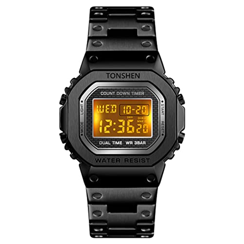 TONSHEN Herrenuhr Edelstahl Digitaluhr Sportuhr LED Elektronik Outdoor Multifunktional Doppelte Zeit Countdown Alarm Stoppuhr Uhren Casual Armbanduhr (Schwarz) von TONSHEN