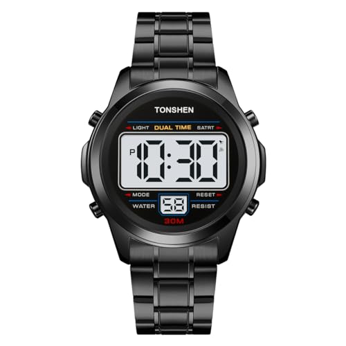 TONSHEN Herrenuhr Edelstahl Uhr Sportuhr Digitaluhr LED Elektronik Licht Multifunktional Alarm Stoppuhr Uhren (Schwarz) von TONSHEN