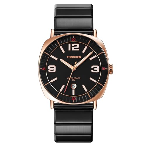 TONSHEN Herrenuhr Edelstahl Uhren Datum Einfaches Stil Analog Quarz Armbanduhr (Schwarz Rose) von TONSHEN